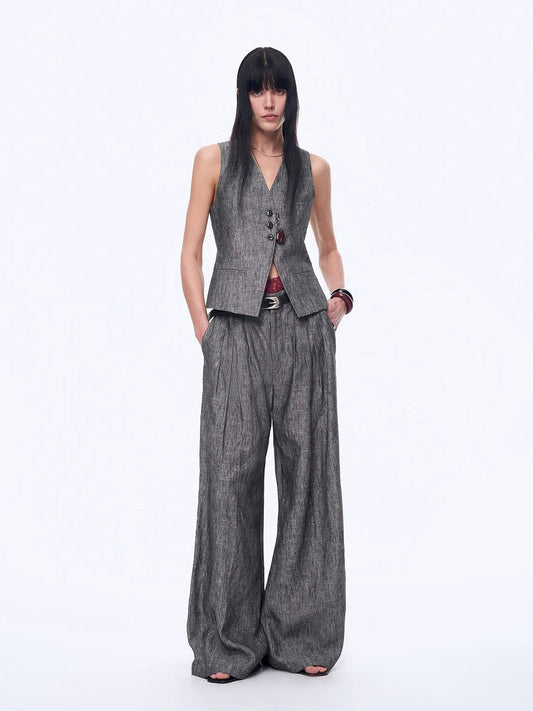 Linen Draped Vest and Straight Trousers Suit