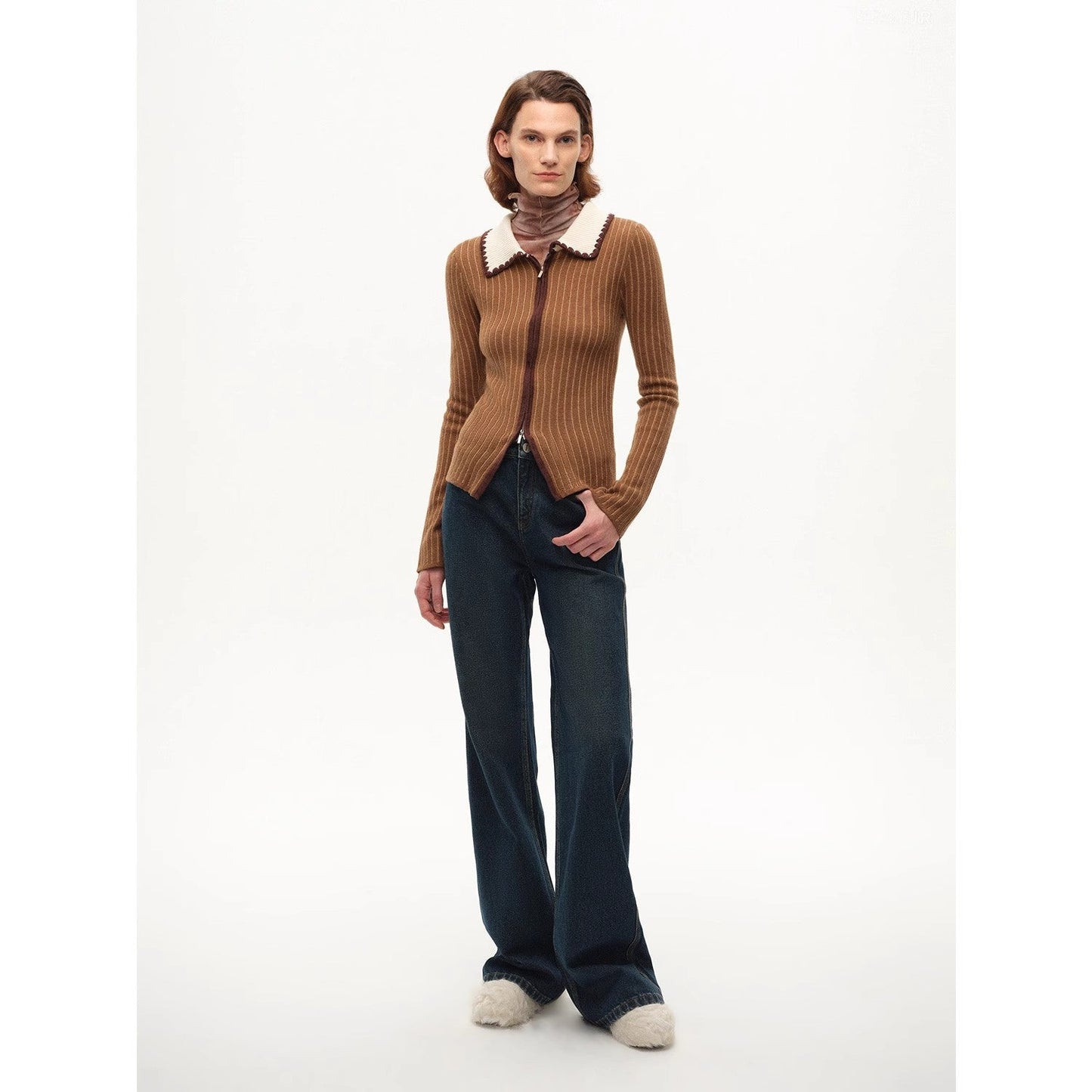 Crocheted Lapel Color-Blocked Striped Cardigan