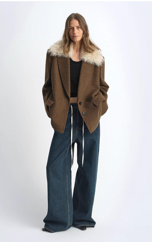 Vertical Texture Wool Tweed Coat Detachable Fur Collar