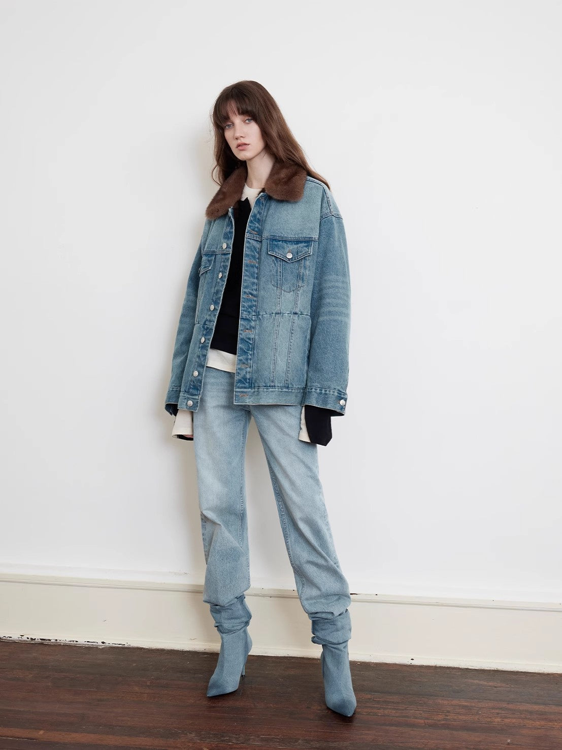 Blue Fantasy Vintage Sable Denim Down Parka Patchwork Jacket