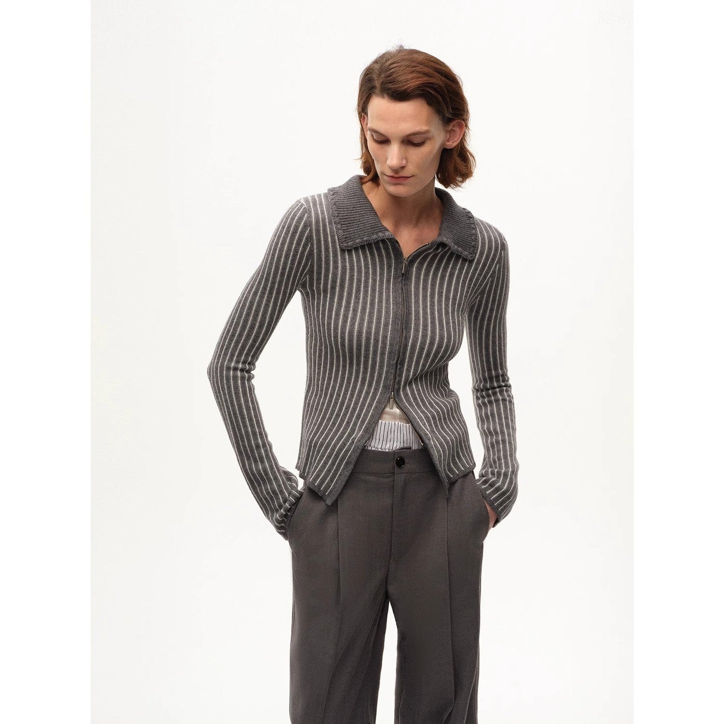 Crocheted Lapel Color-Blocked Striped Cardigan