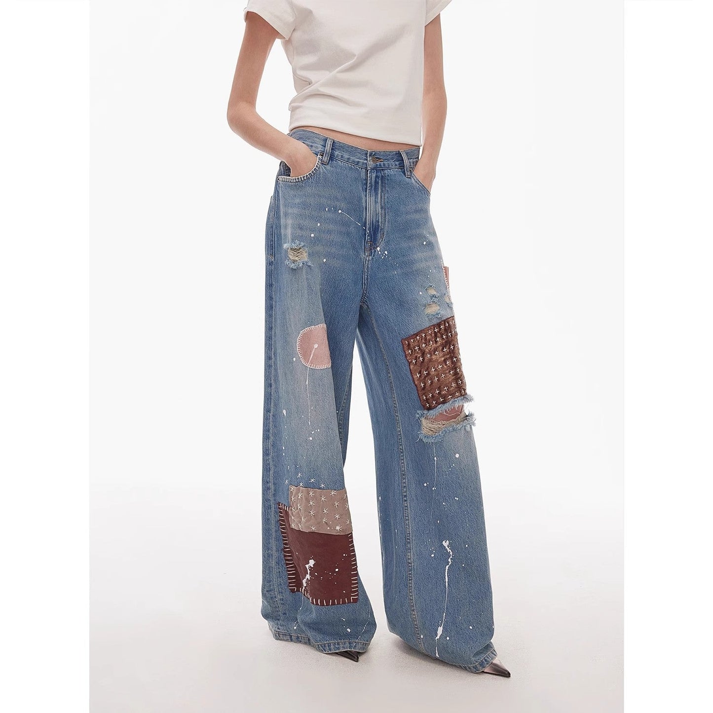 Uninhibited Splicing Washed Wide-Leg Jeans
