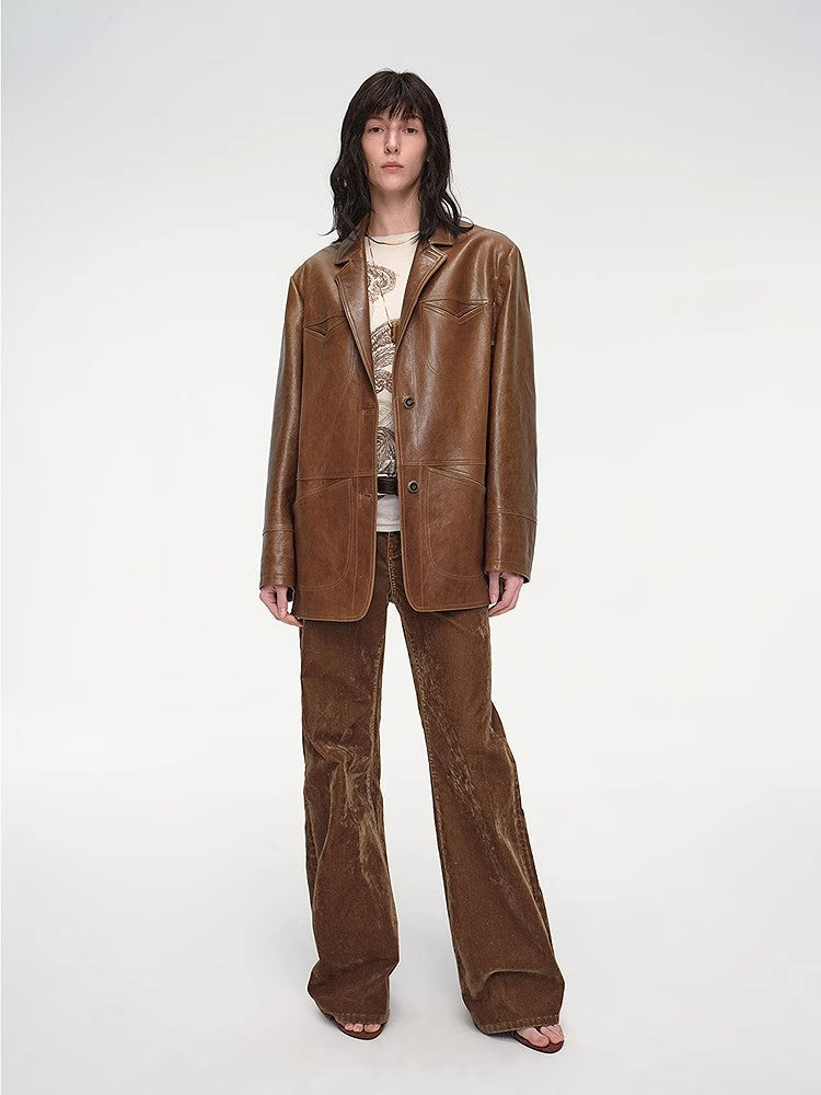 Windsor Past Wide Shoulder Multi-Pocket Suit Waxed Leather Jacket