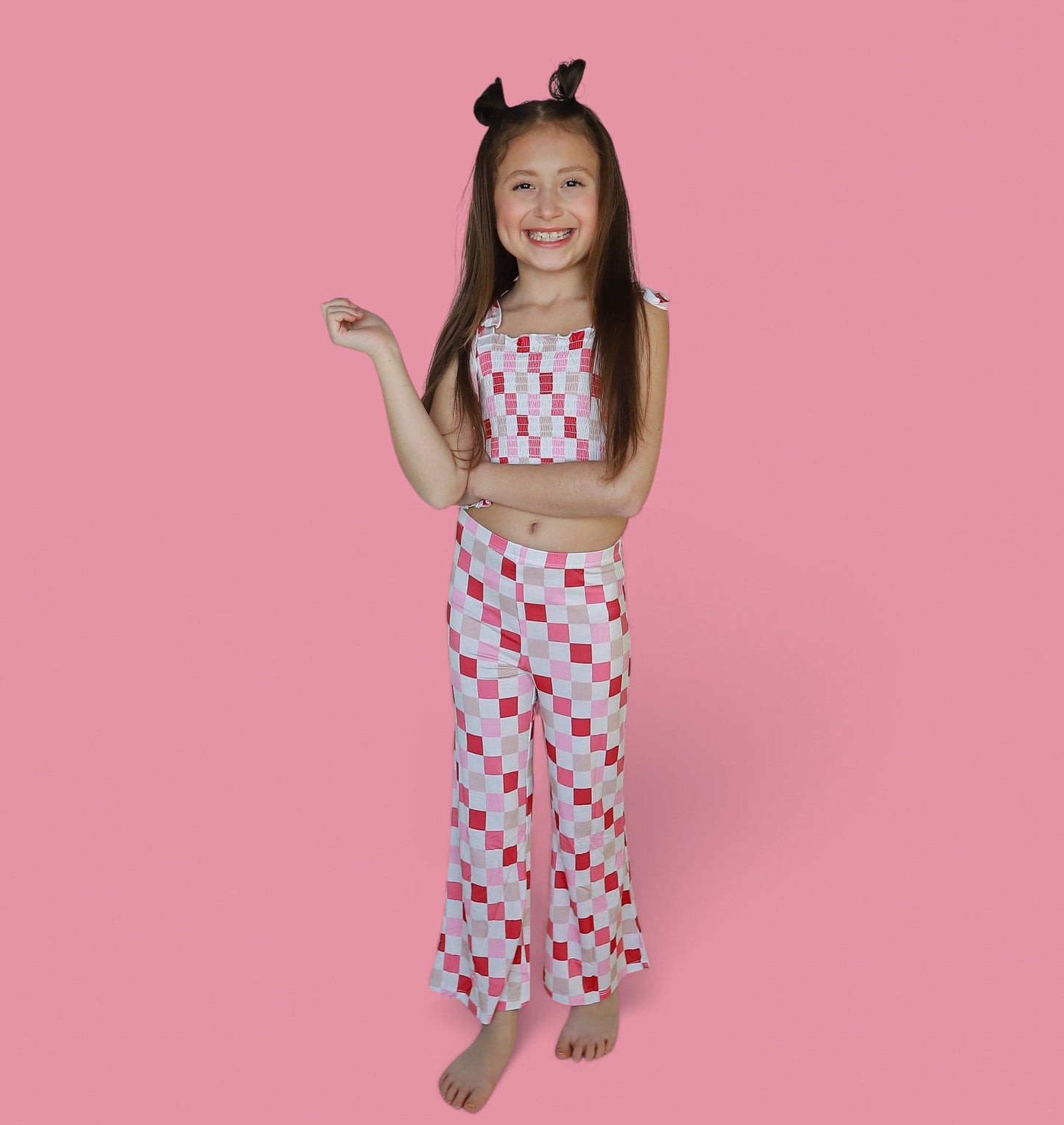 DREAMY PINK CHECKERS DREAM SMOCKED FLARE SET
