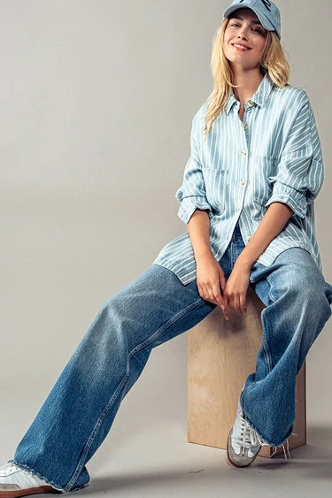 Blue & White Striped Double Pocket Button Down Shirt