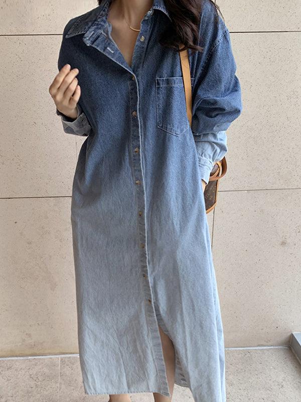 Lapel Gradient Smudge Loose Long Sleeve Denim Dress