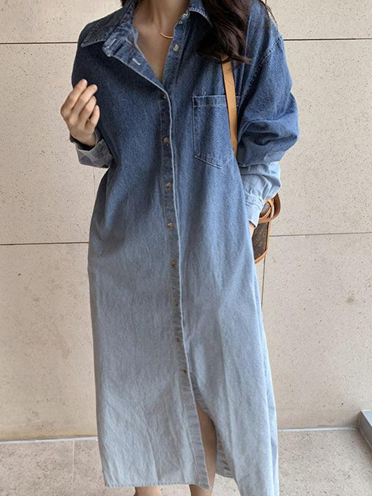 Lapel Gradient Smudge Loose Long Sleeve Denim Dress
