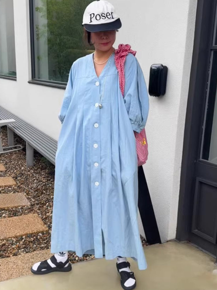 V-neck Single-breasted Pleated Loose Shirt Dress