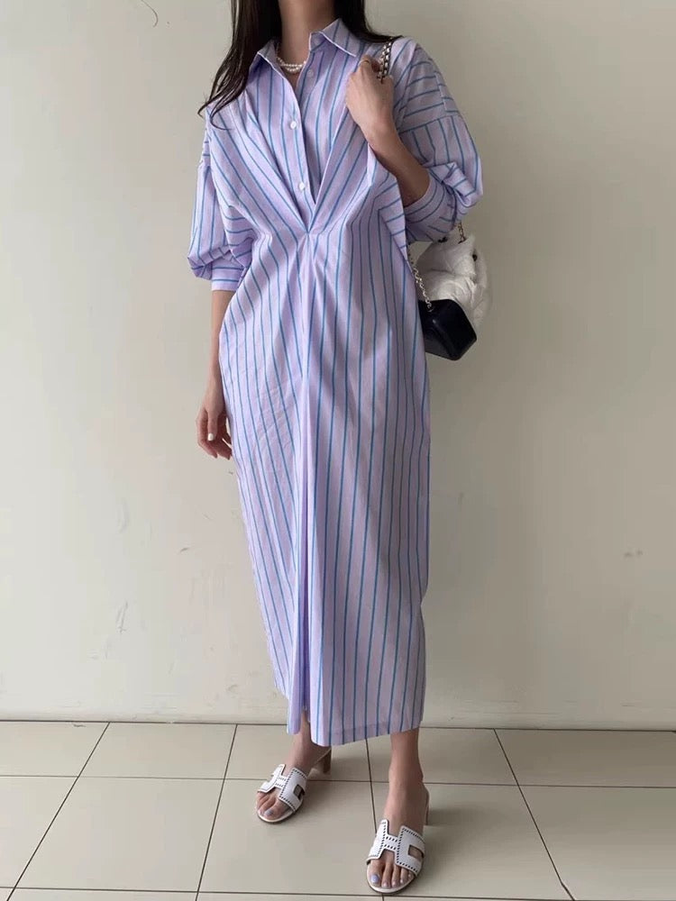 Lapel Single-Breasted Pleated Striped Shirt Dress