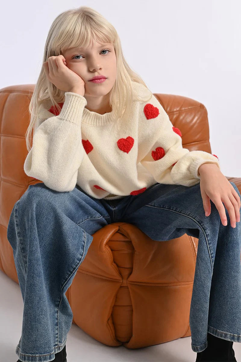 Off White with Red Hearts Knitted Sweater