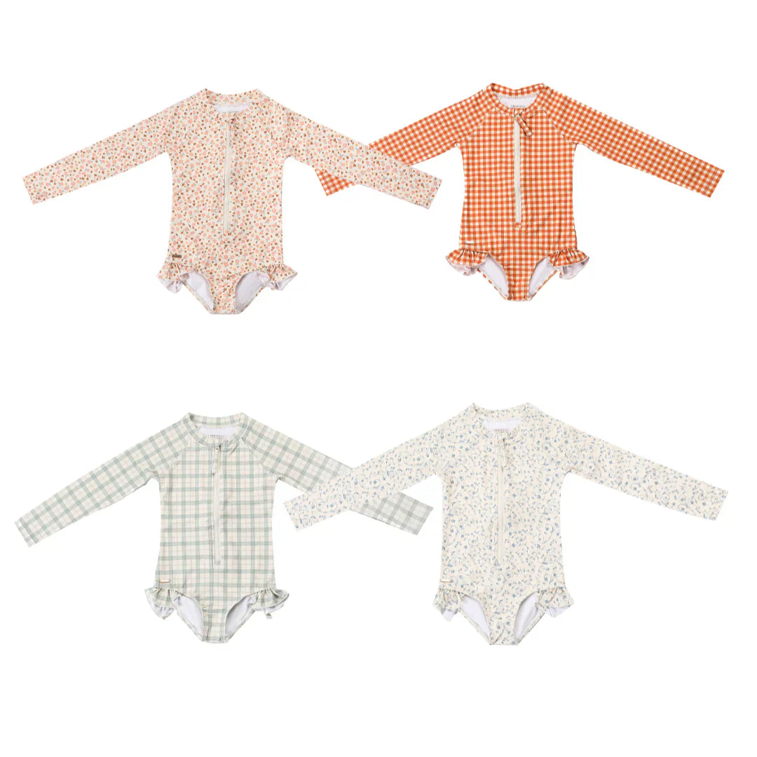 Long Sleeve Rashguard Ruffle Swimsuit | UPF + Recycled - Fern Plaid