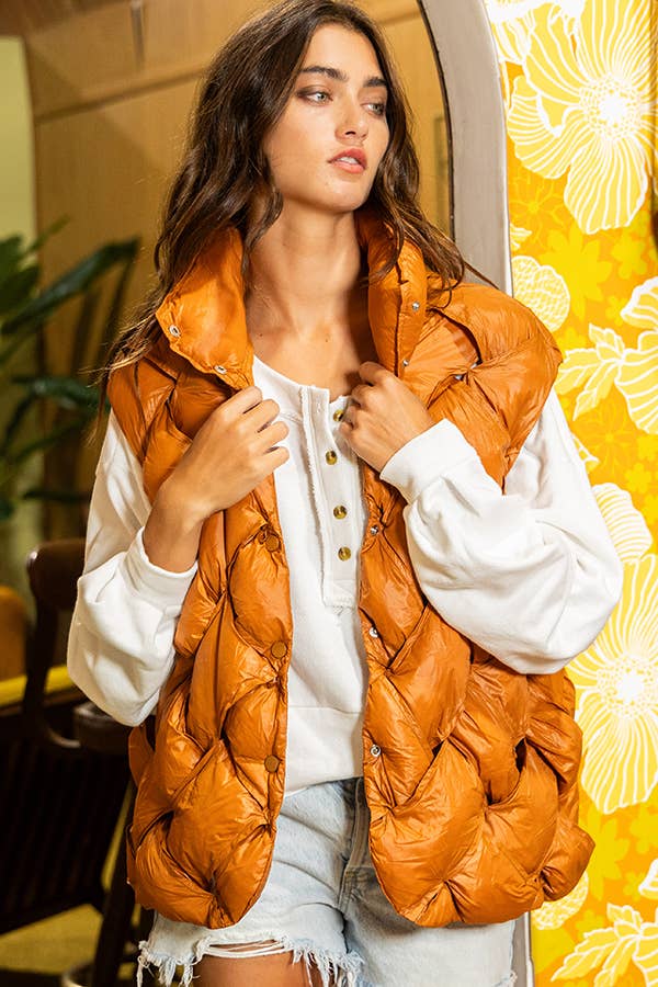 Camel Button-Up Puffer Vest
