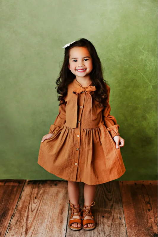 Kids Button Long Sleeve Bow Dress