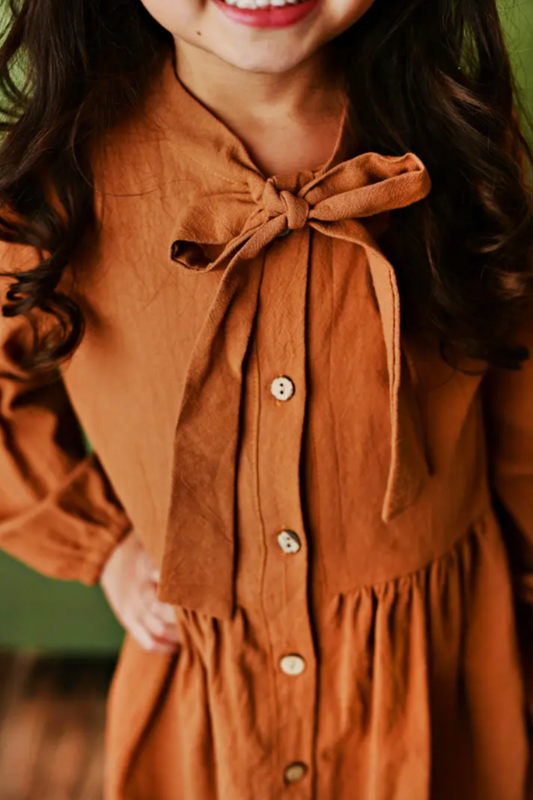 Kids Button Long Sleeve Bow Dress