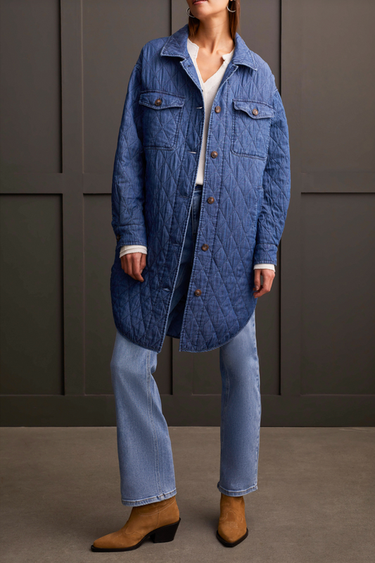 Button Front Long Quilted Jacket - Blue Chambray