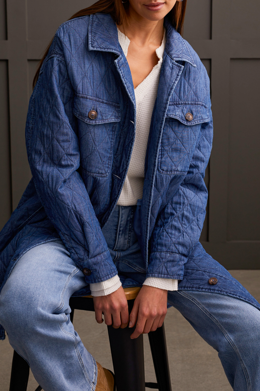 Button Front Long Quilted Jacket - Blue Chambray