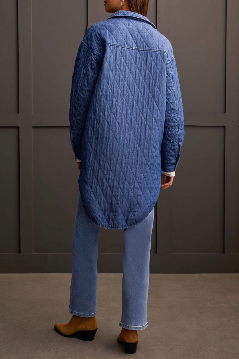 Button Front Long Quilted Jacket - Blue Chambray