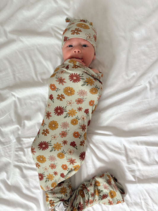 Alyson Floral (Ribbed) | Bamboo Swaddle + Beanie Set