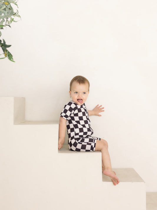 Checkerboard | Bamboo Shortie Zip Romper