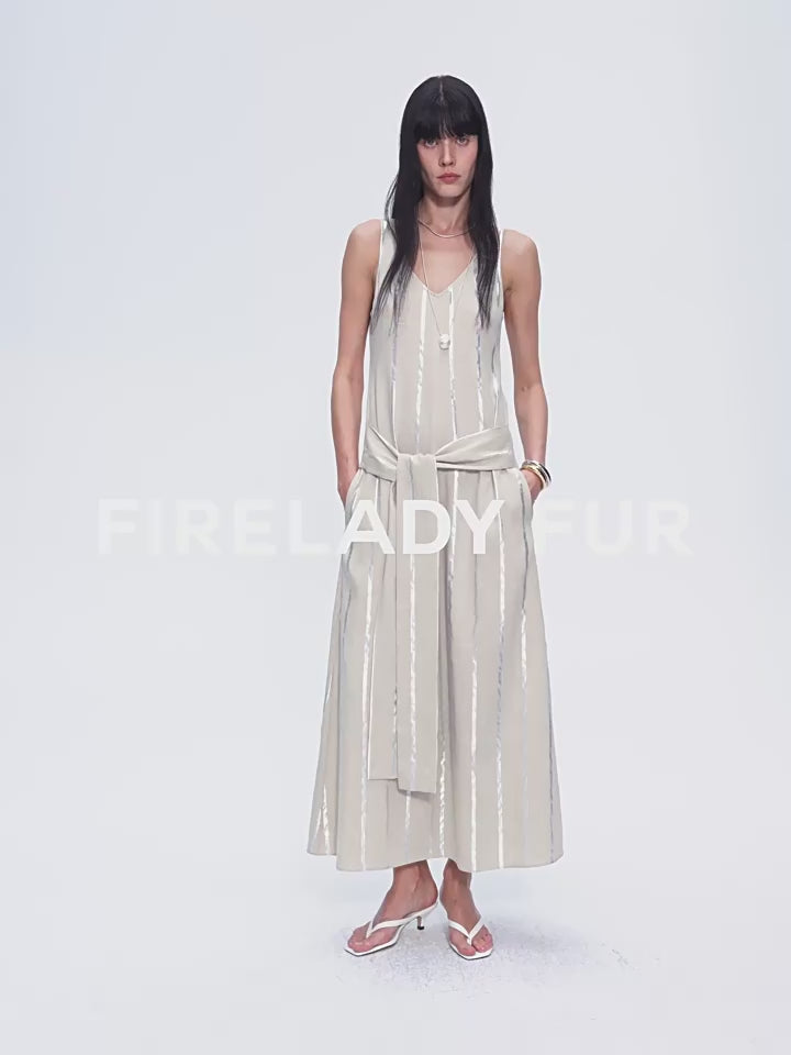 "Milan Holiday" Silver Striped Linen V-Neck Drape Dress