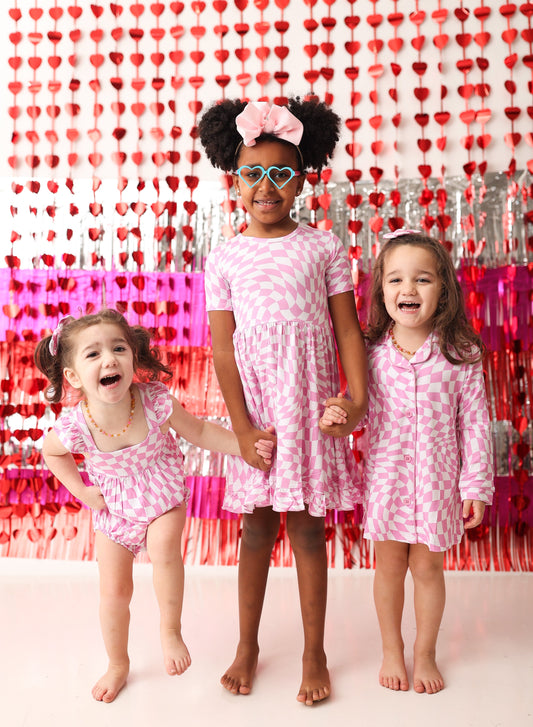 BUBBLEGUM WAVY CHECKERS DREAM RUFFLE DRESS