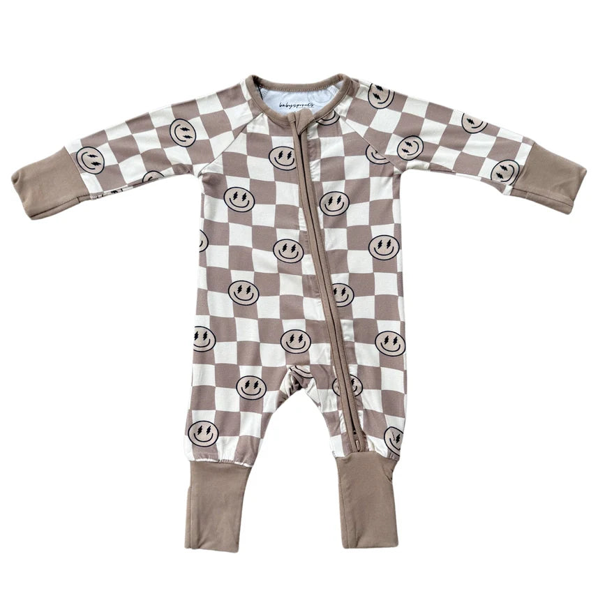 Smiley Check LS Zip Romper in Portabella