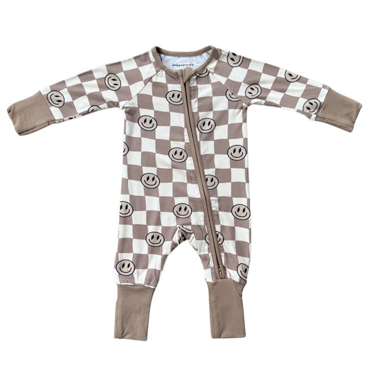 Smiley Check LS Zip Romper in Portabella