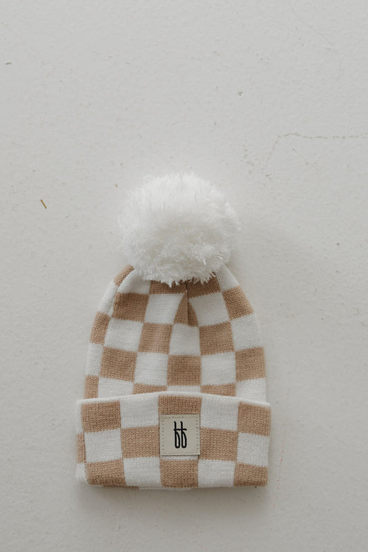 ff Knit Pom Top Beanie | Tan Checkerboard