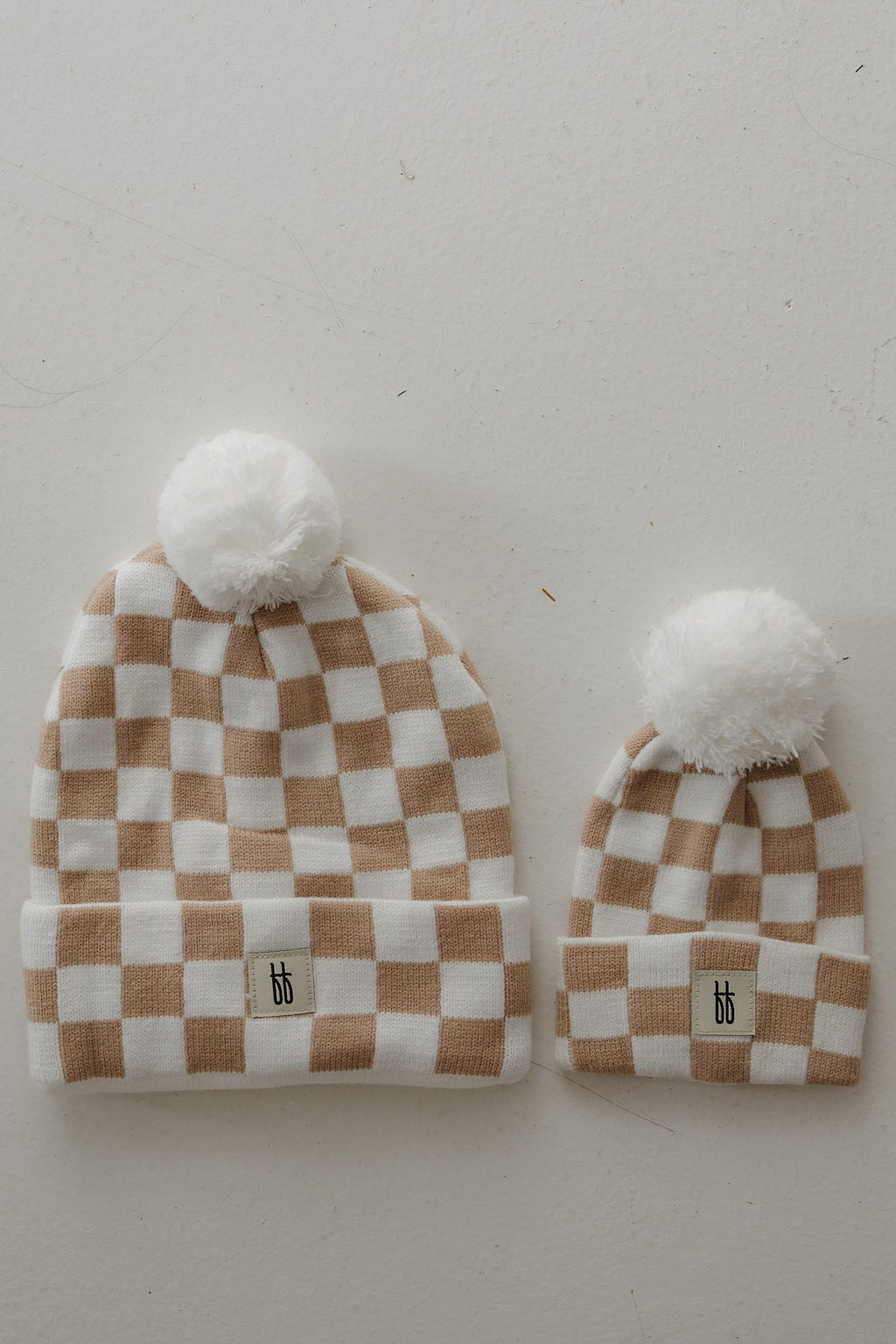 Adult ff Knit Pom Top Beanie | Tan Checkerboard