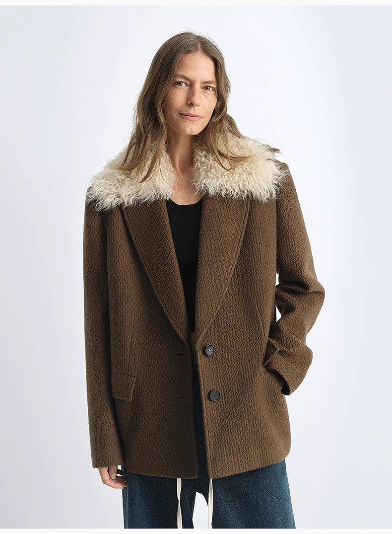 Vertical Texture Wool Tweed Coat Detachable Fur Collar