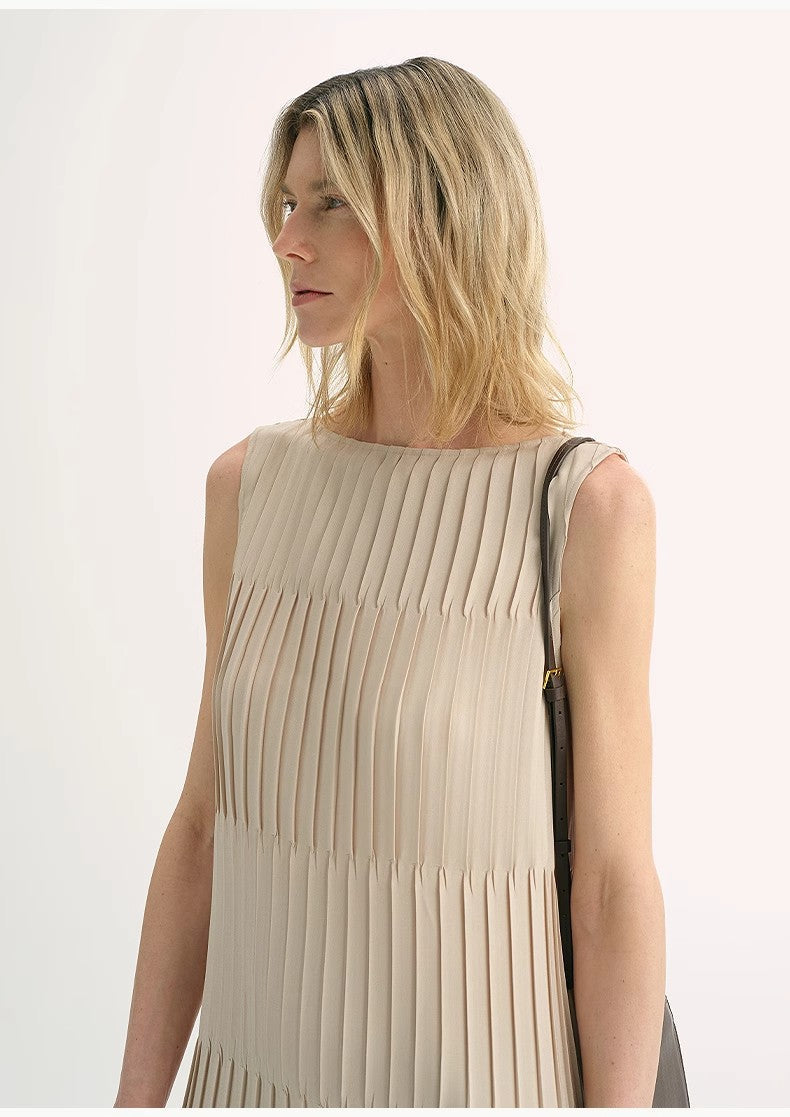 Handmade Pleated Straight Sleeveless Boat Neck Dress