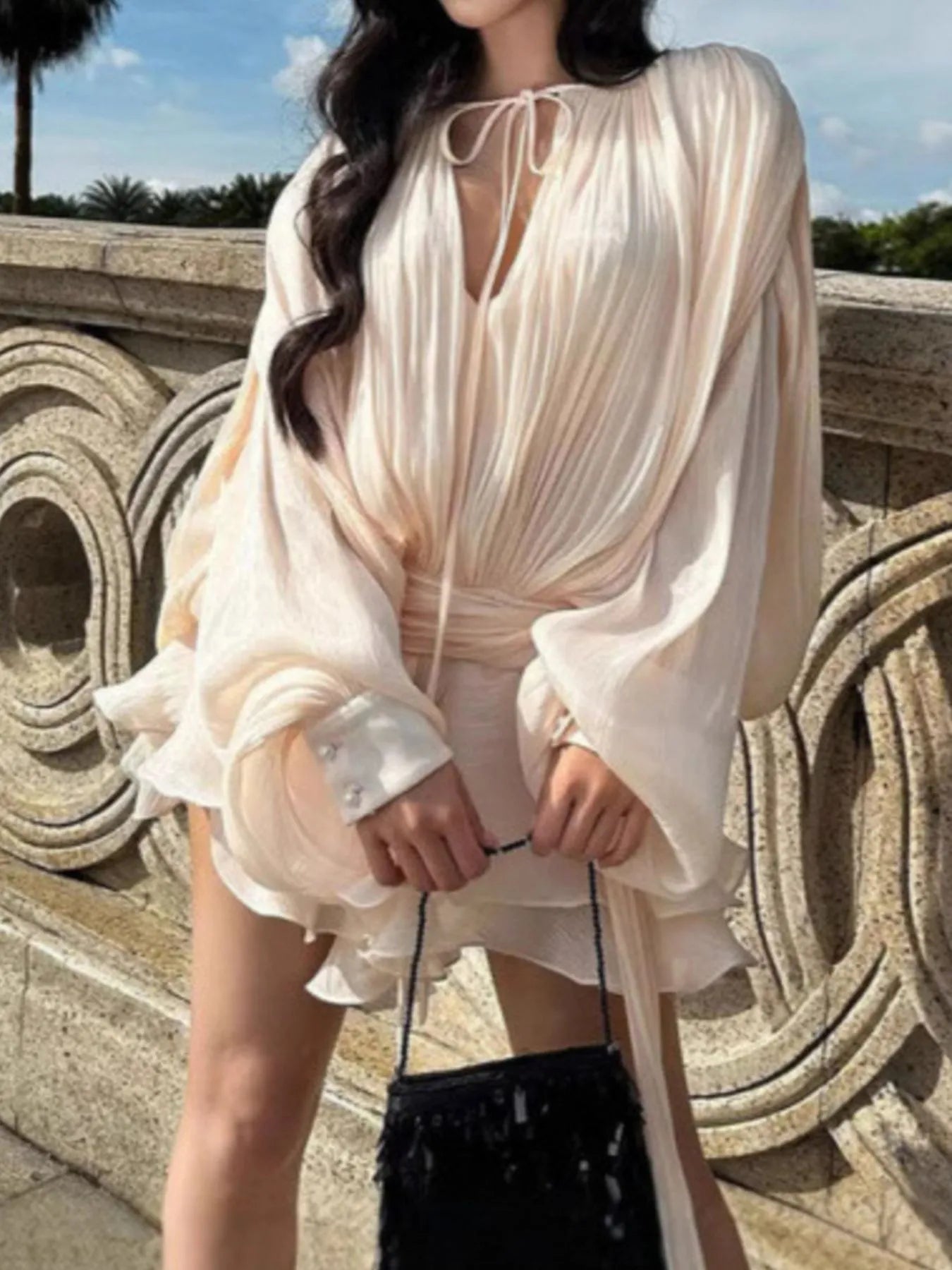 Chiffon Tie Neck Long Sleeve Mini Dress