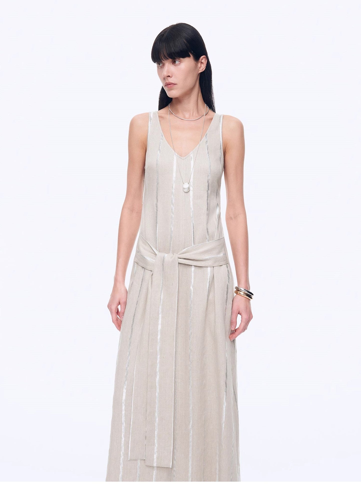 "Milan Holiday" Silver Striped Linen V-Neck Drape Dress