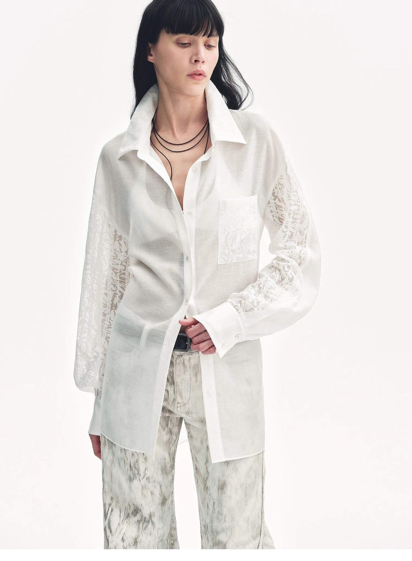 "Ideal Spring Day" Jacquard Hollow Drop Shoulder Shirt Summer