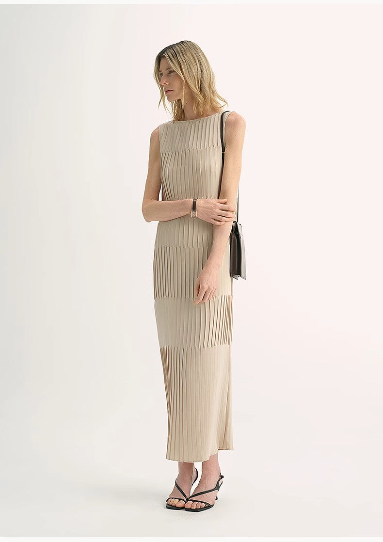 Handmade Pleated Straight Sleeveless Boat Neck Dress