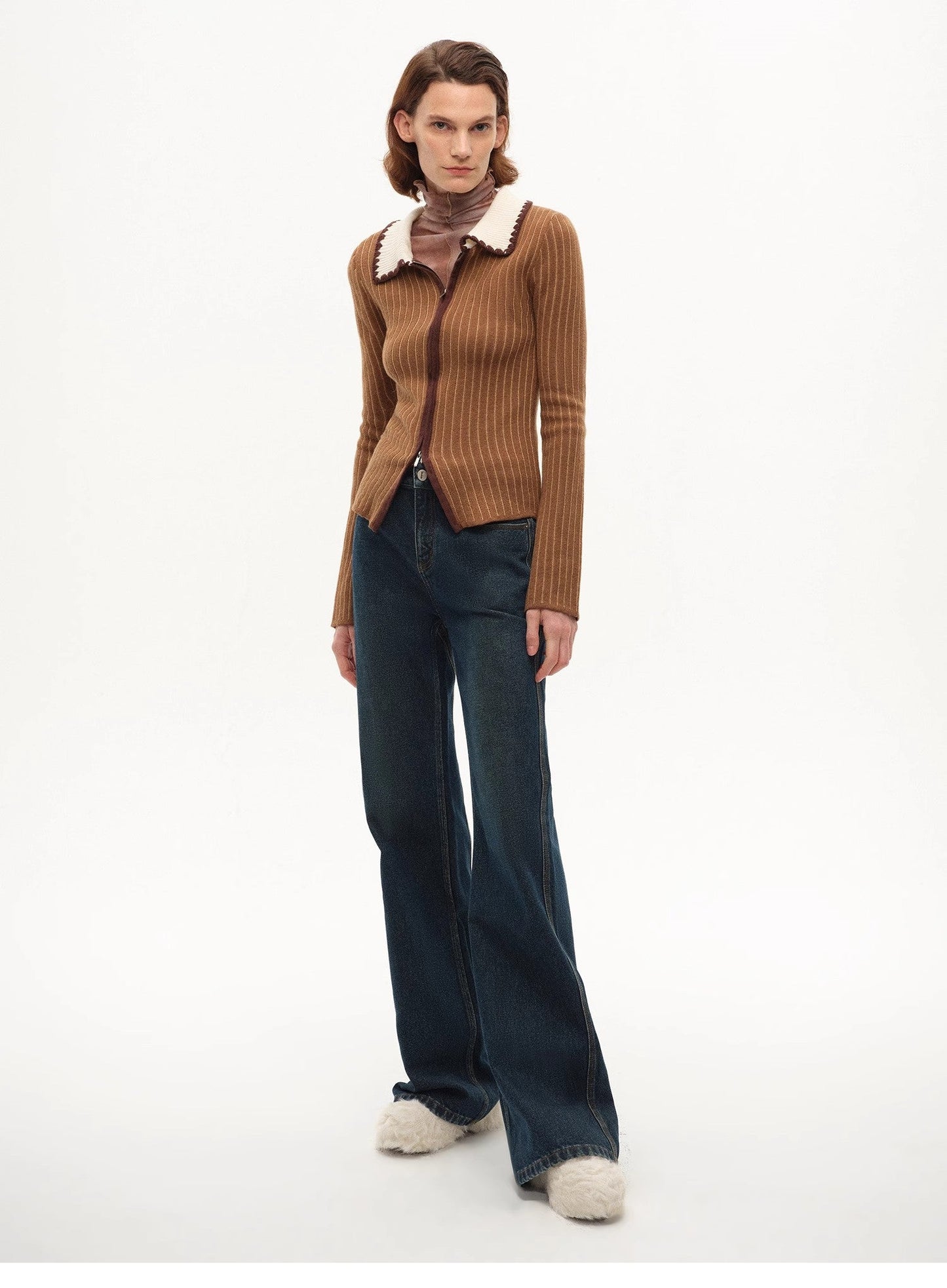 Crocheted Lapel Color-Blocked Striped Cardigan