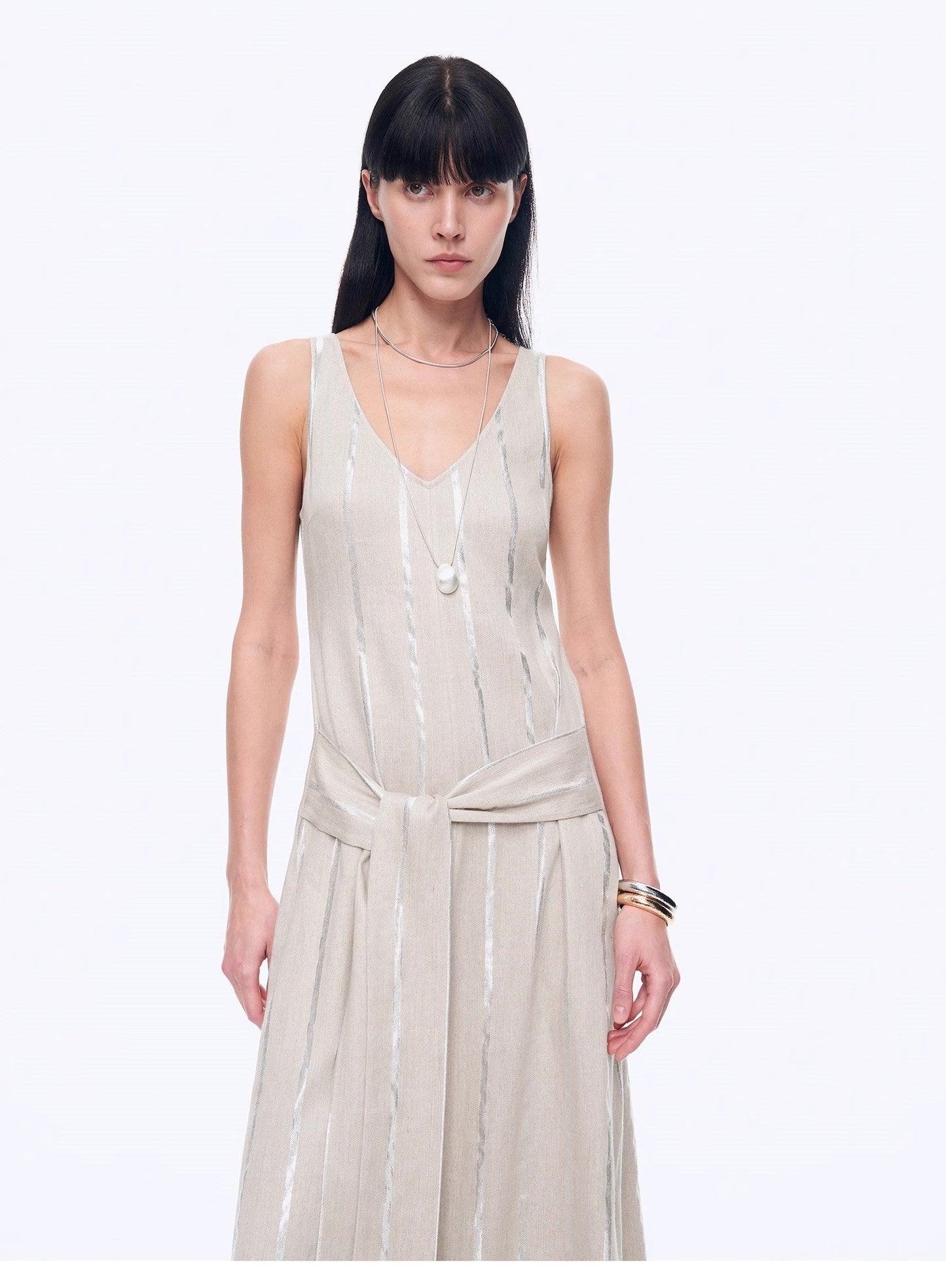 "Milan Holiday" Silver Striped Linen V-Neck Drape Dress