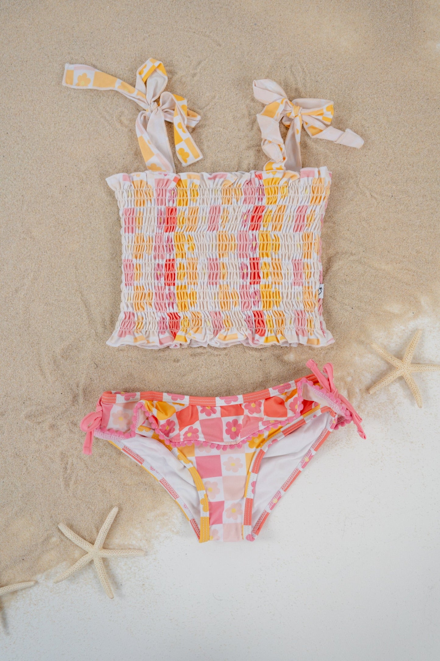 SUMMER SUNSET CHECKERS DREAM SMOCKED TANKINI TWO PIECE SWIM SUIT