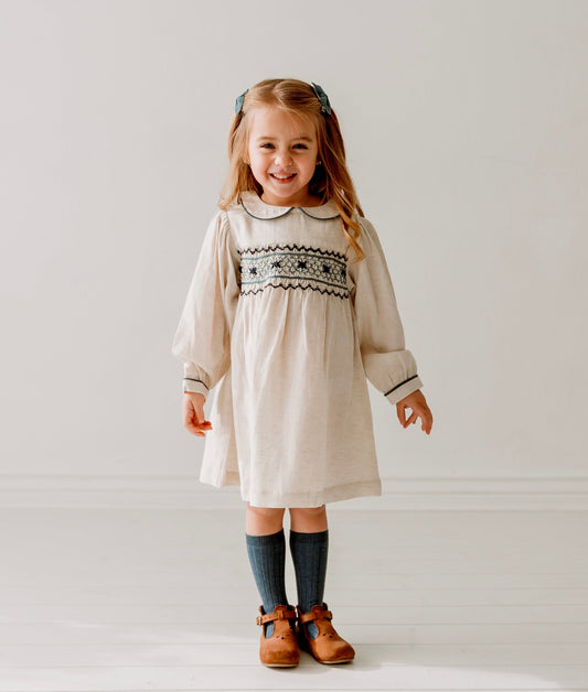 Natural Linen Blend Hand Smocked Girl's Dress