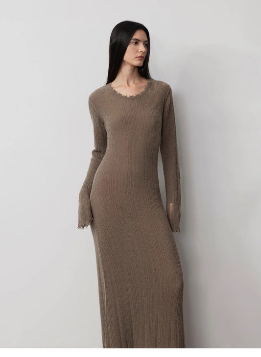 Wool Looped Yarn Raw Edge Ripped Dress