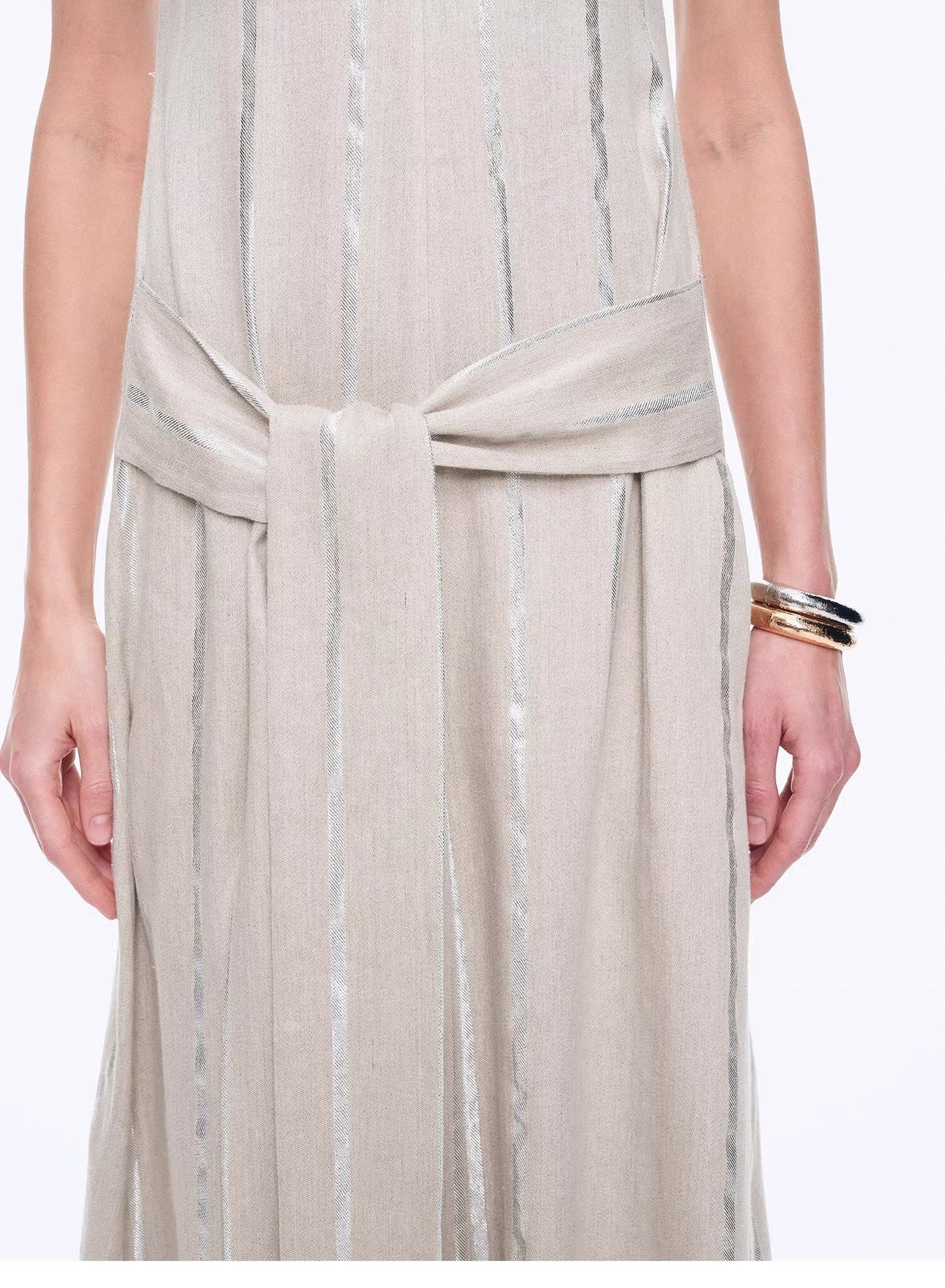 "Milan Holiday" Silver Striped Linen V-Neck Drape Dress