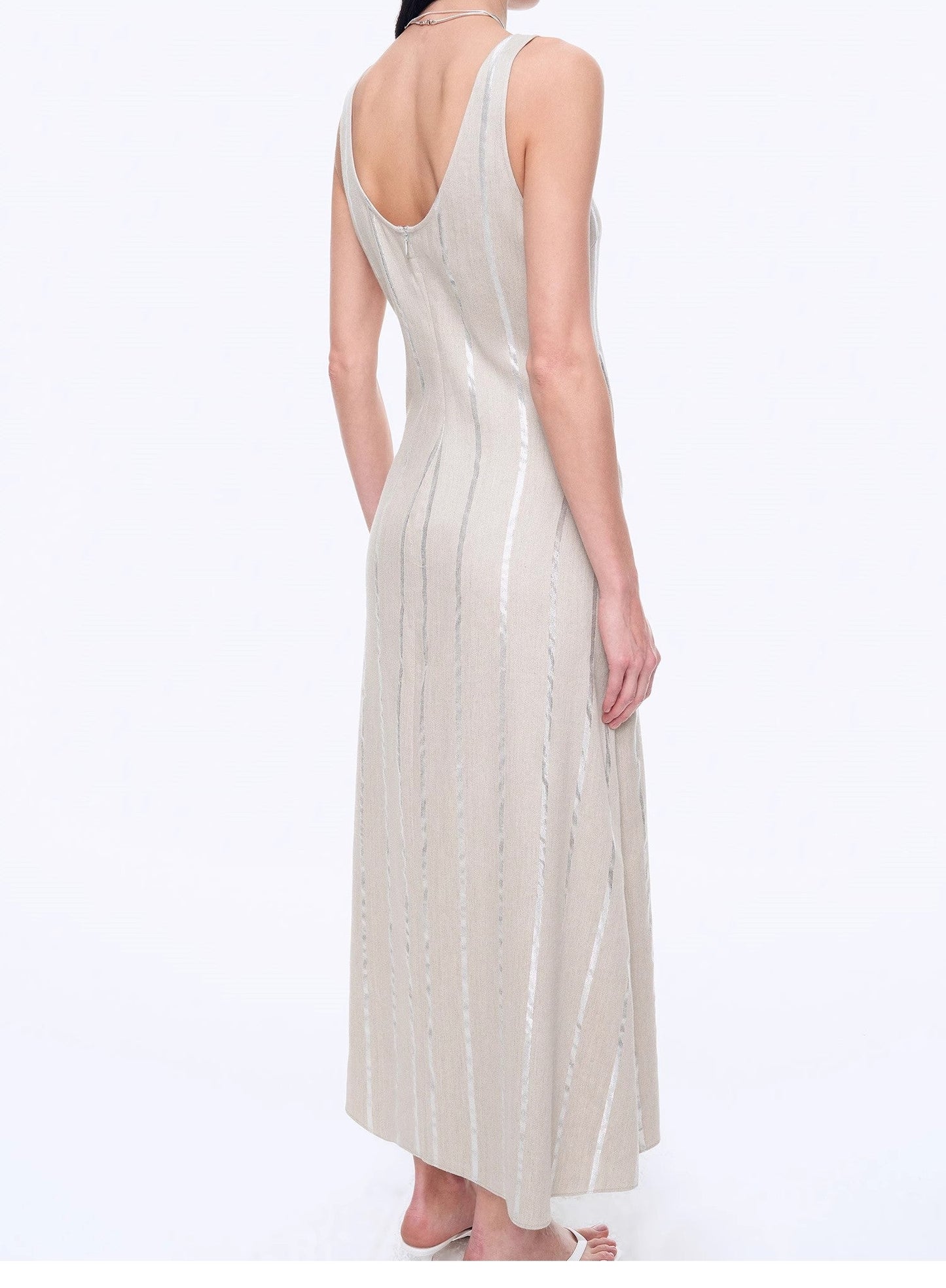 "Milan Holiday" Silver Striped Linen V-Neck Drape Dress