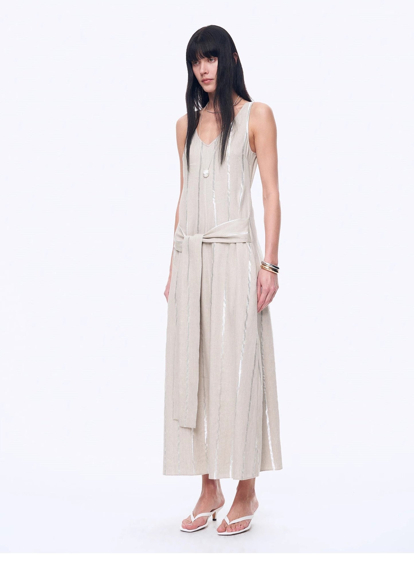 "Milan Holiday" Silver Striped Linen V-Neck Drape Dress