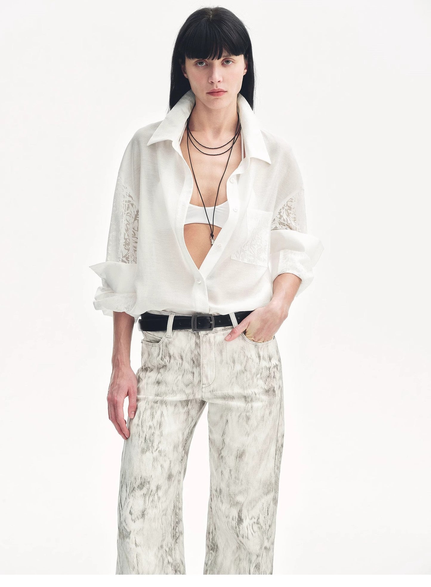"Ideal Spring Day" Jacquard Hollow Drop Shoulder Shirt Summer