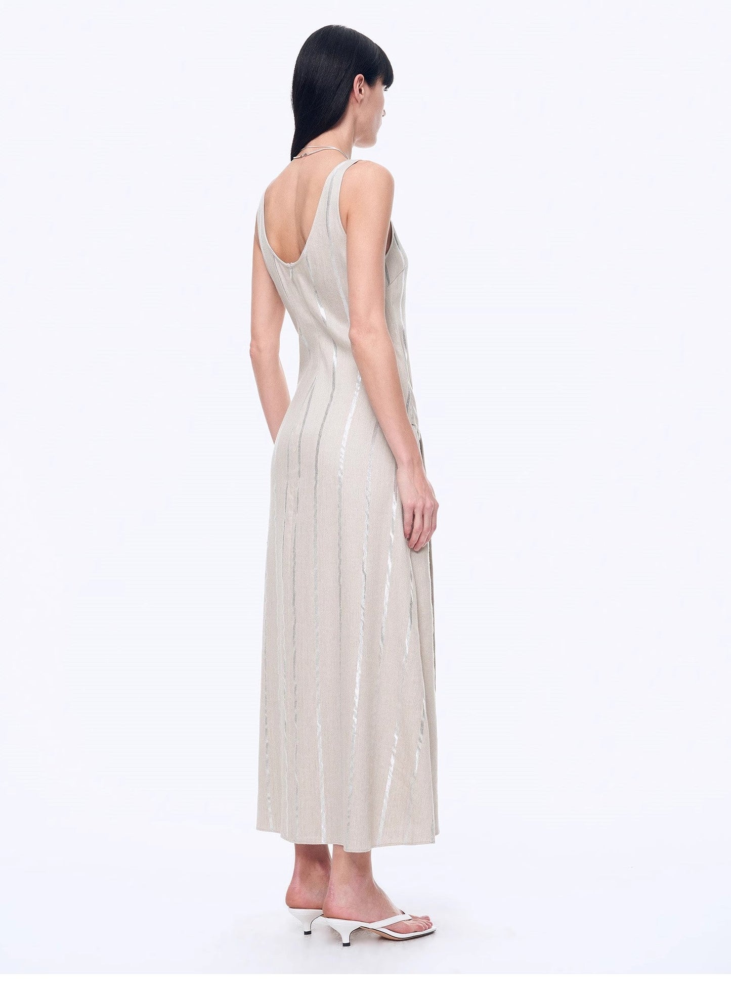 "Milan Holiday" Silver Striped Linen V-Neck Drape Dress