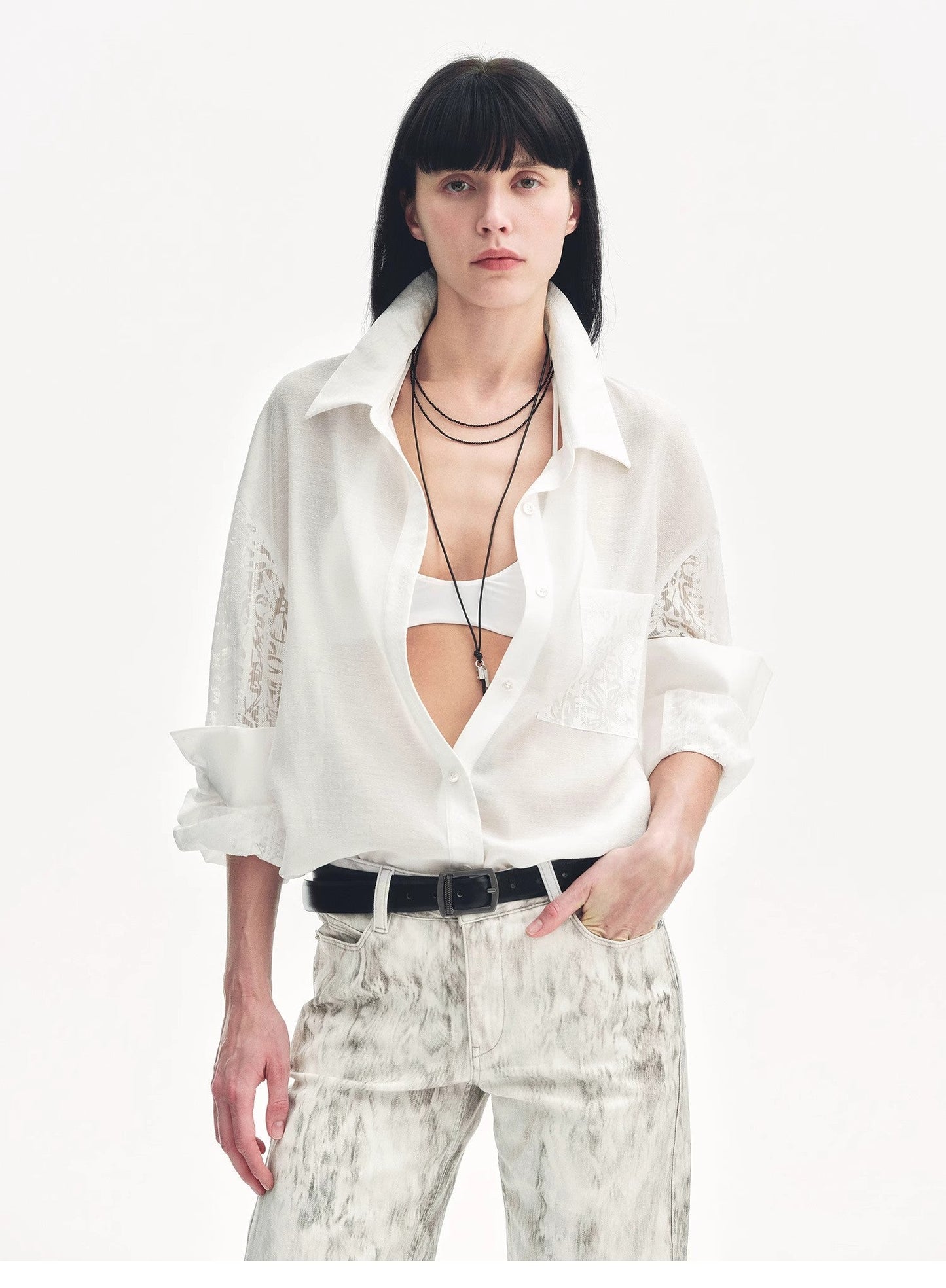 "Ideal Spring Day" Jacquard Hollow Drop Shoulder Shirt Summer