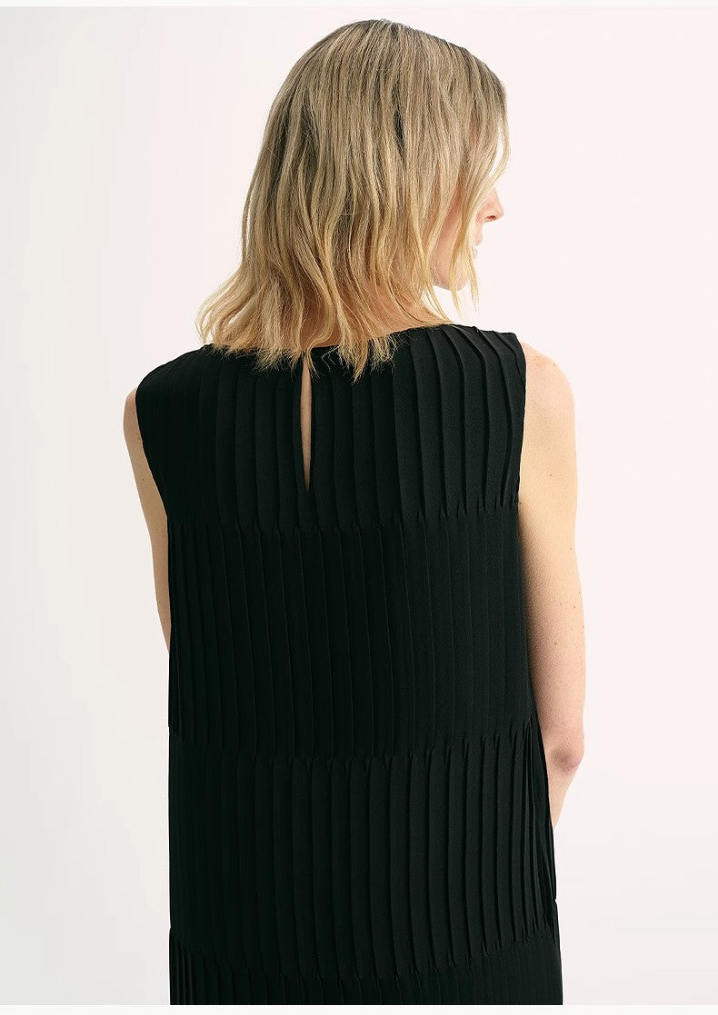 Handmade Pleated Straight Sleeveless Boat Neck Dress