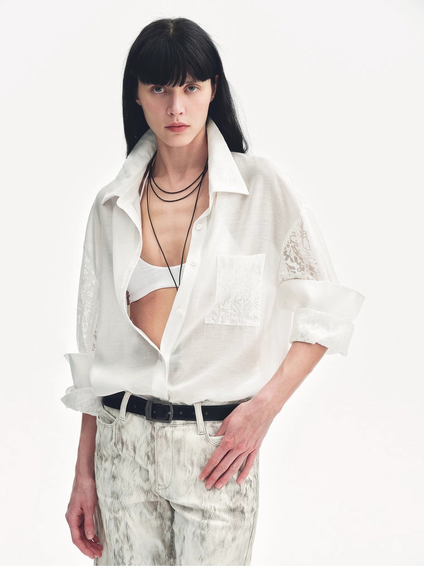 "Ideal Spring Day" Jacquard Hollow Drop Shoulder Shirt Summer