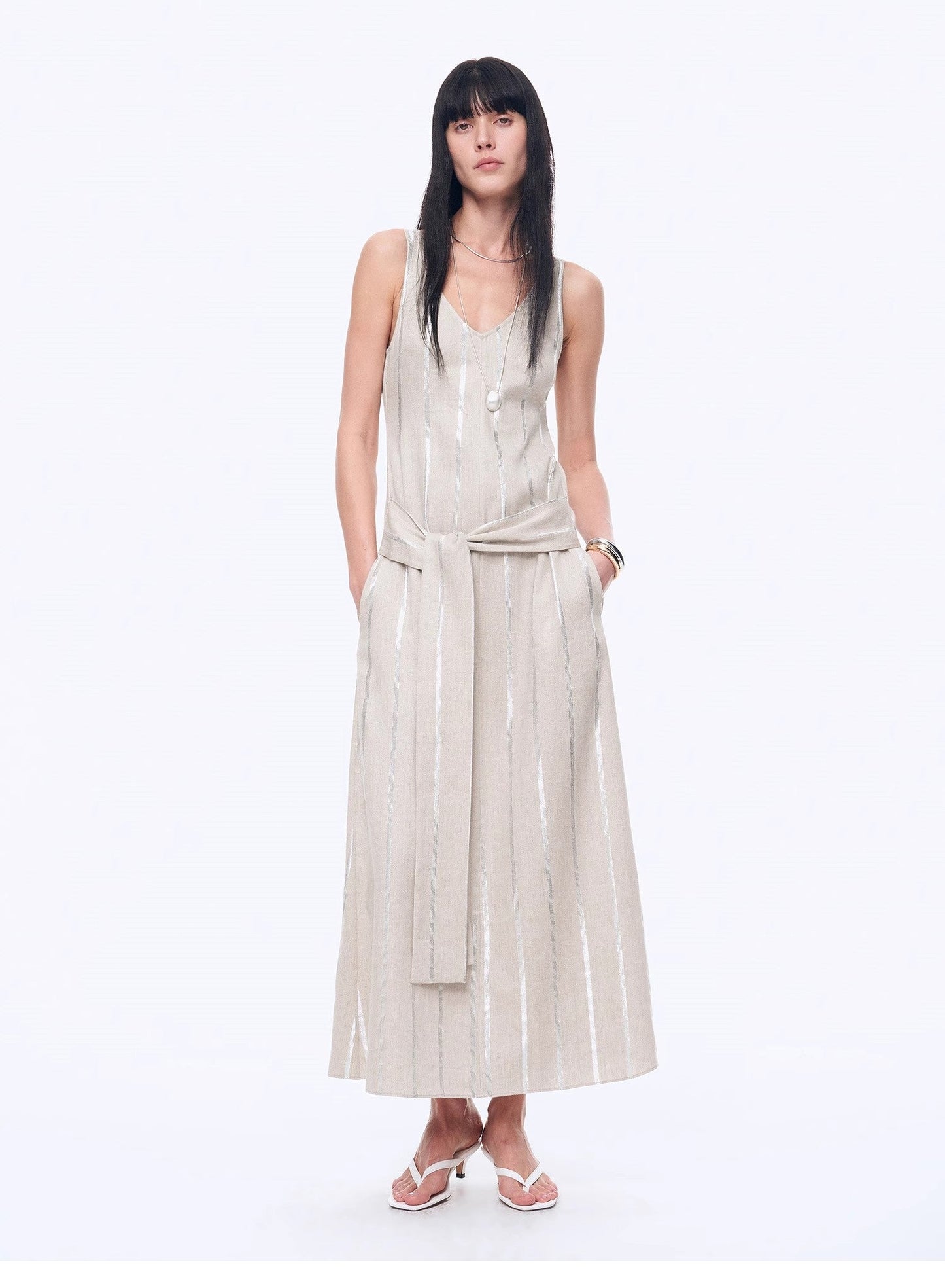 "Milan Holiday" Silver Striped Linen V-Neck Drape Dress