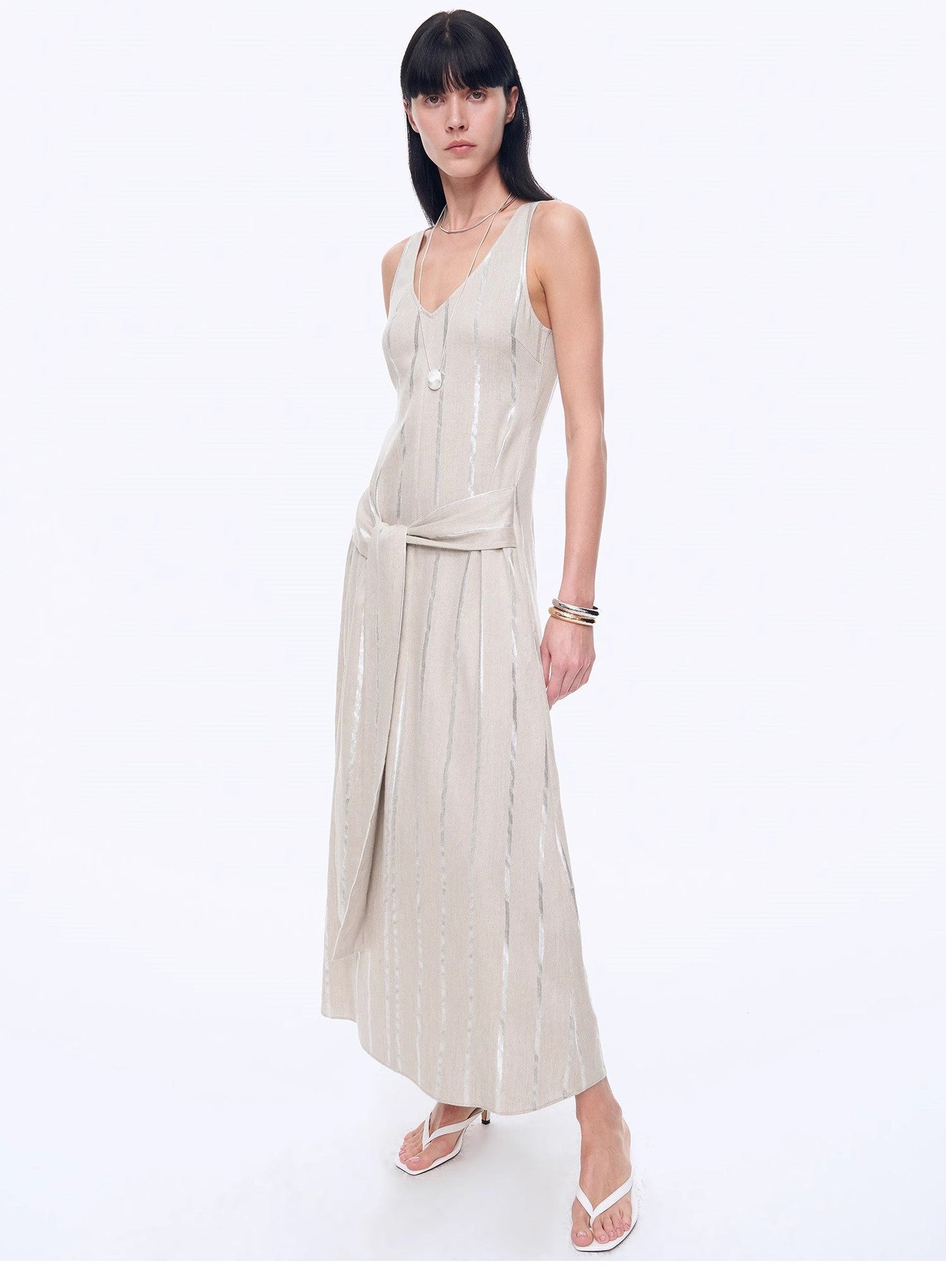 "Milan Holiday" Silver Striped Linen V-Neck Drape Dress